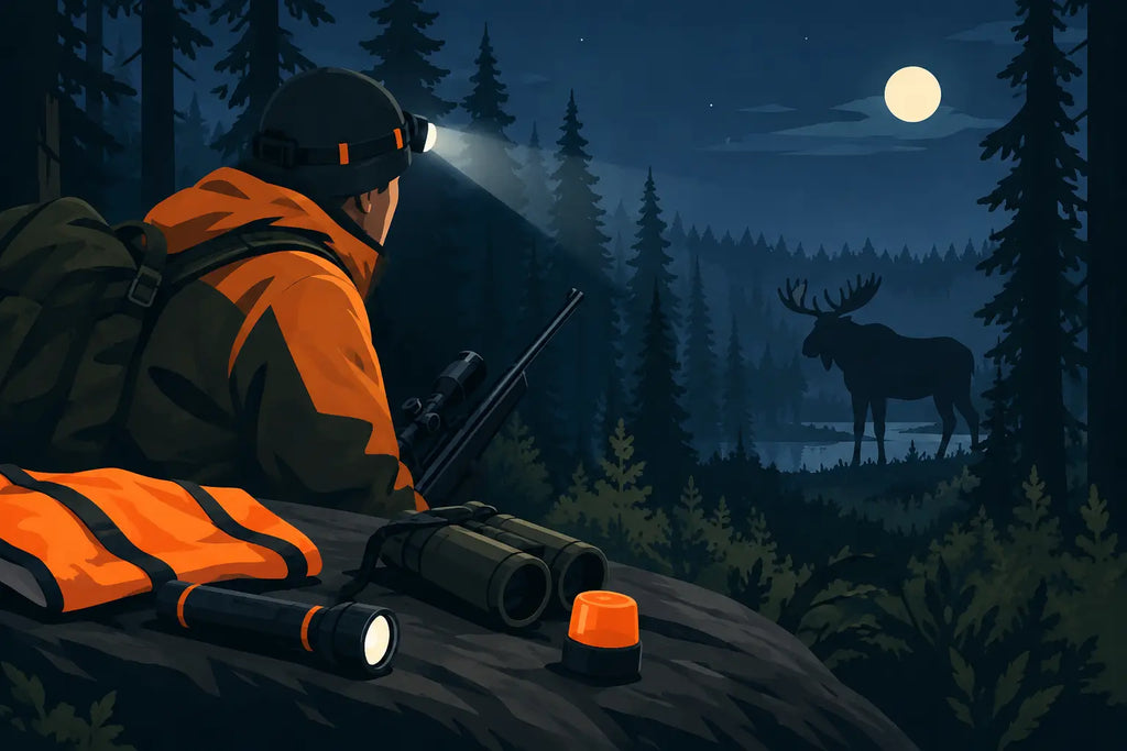Hirvenmetsästyksen turvavarusteet pimeään metsään